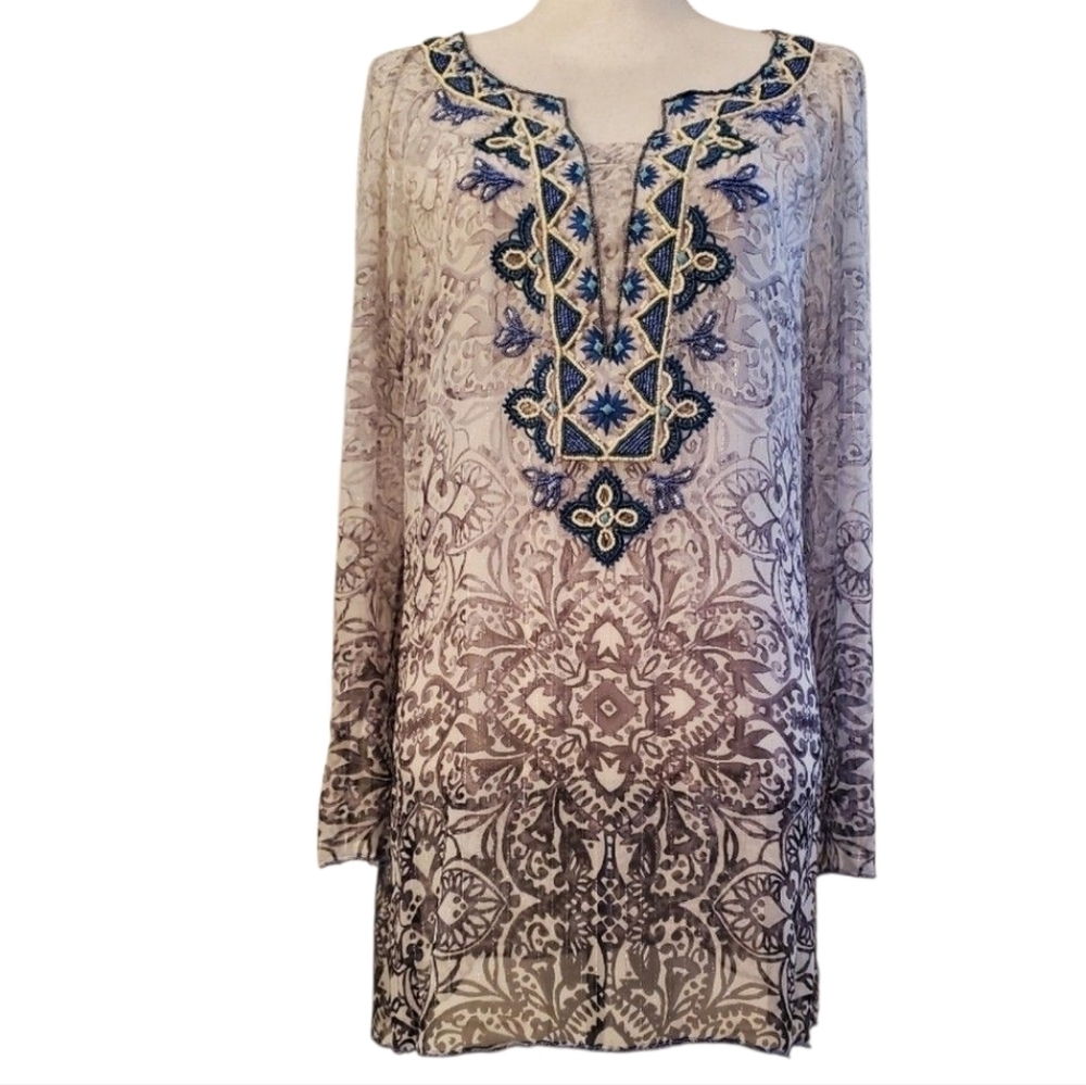 White House Black Market Long Sleeve Silk Embellished Sheer Tunic Top Coverup